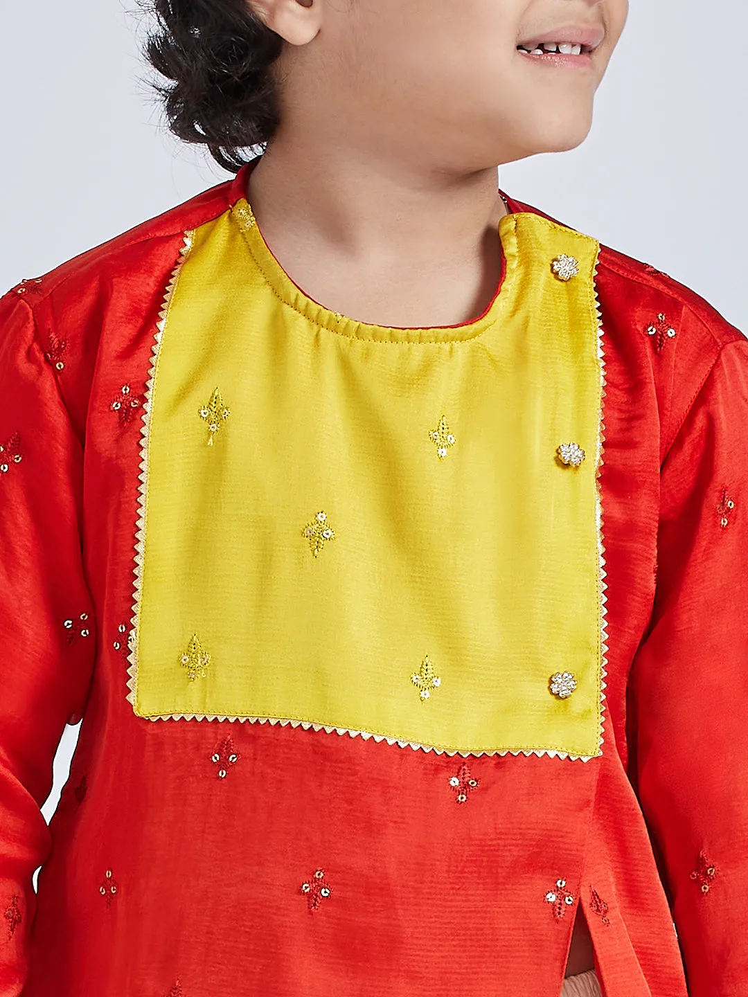 Jashvi Infant Boys' Red And Cream Silk Blend Kurta and Dhoti Set