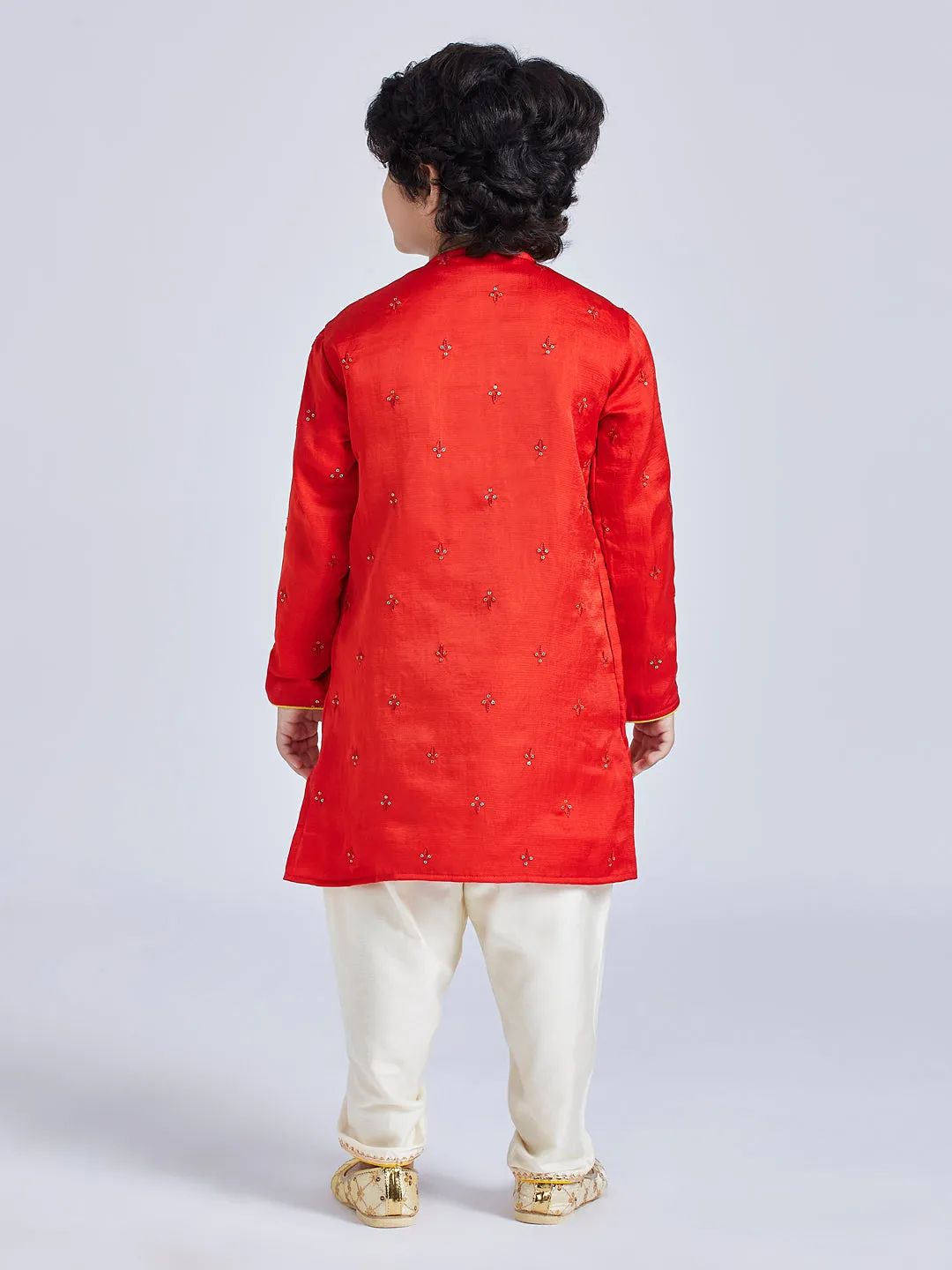 Jashvi Infant Boys' Red And Cream Silk Blend Kurta and Dhoti Set