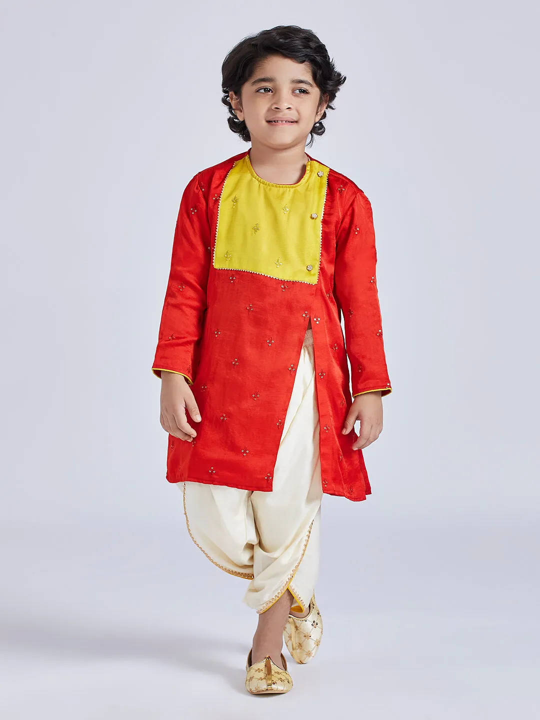 Jashvi Infant Boys' Red And Cream Silk Blend Kurta and Dhoti Set