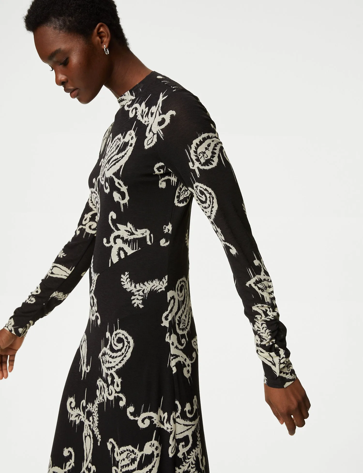 Jersey Printed Mesh Funnel Neck Midi Dress