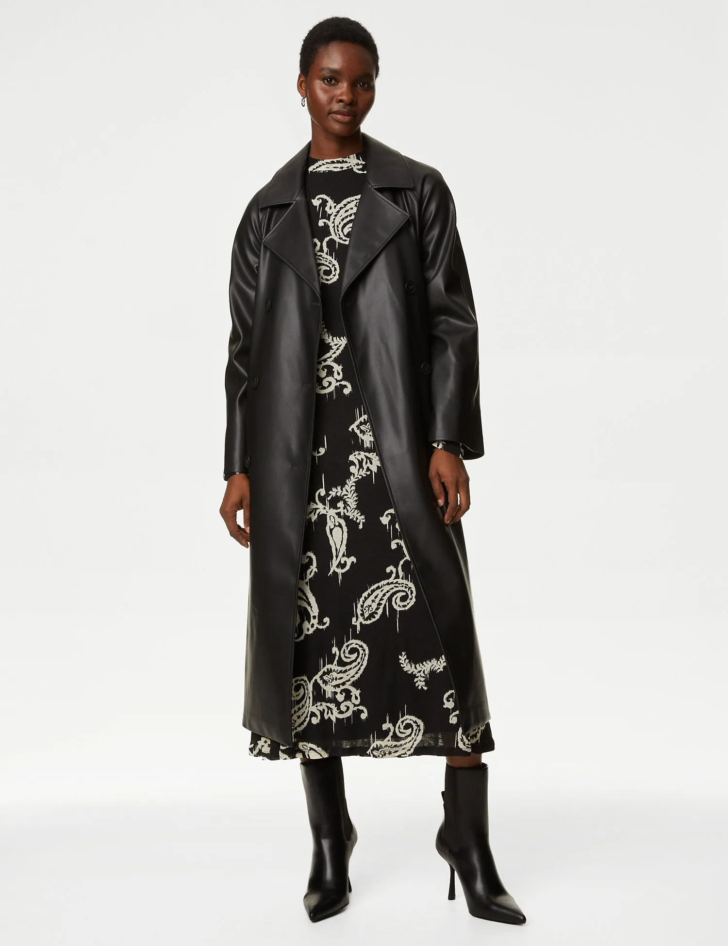 Jersey Printed Mesh Funnel Neck Midi Dress