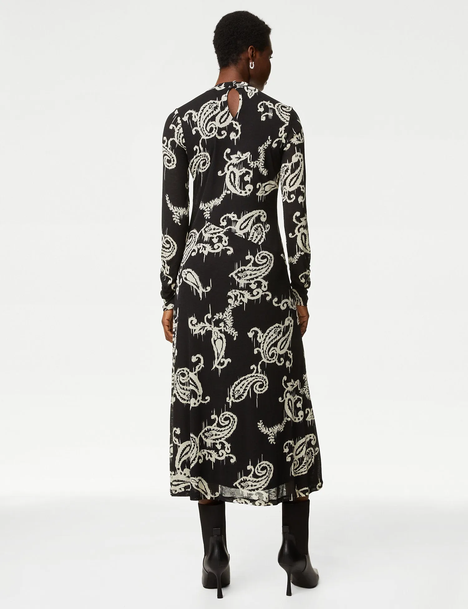 Jersey Printed Mesh Funnel Neck Midi Dress