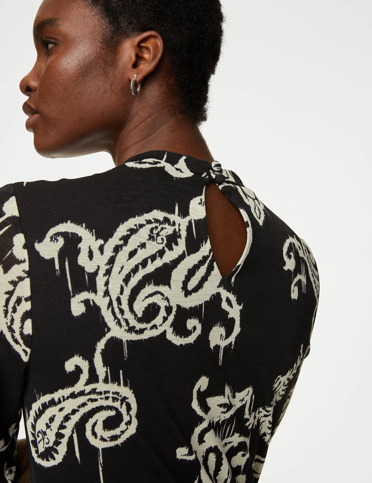 Jersey Printed Mesh Funnel Neck Midi Dress