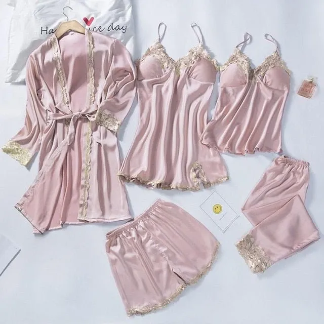 Lace Patchwork 5PCS Sleepwear Nightgown Kimono Bathrobe Gown Satin Lady Nighty&Robe Suit Sexy Home Clothes White Wedding Robe