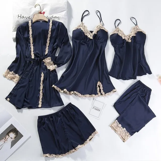Lace Patchwork 5PCS Sleepwear Nightgown Kimono Bathrobe Gown Satin Lady Nighty&Robe Suit Sexy Home Clothes White Wedding Robe