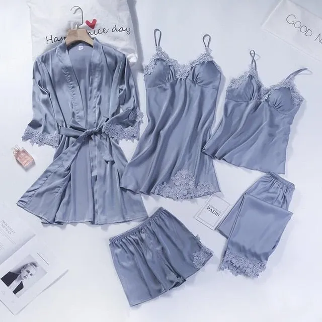 Lace Patchwork 5PCS Sleepwear Nightgown Kimono Bathrobe Gown Satin Lady Nighty&Robe Suit Sexy Home Clothes White Wedding Robe