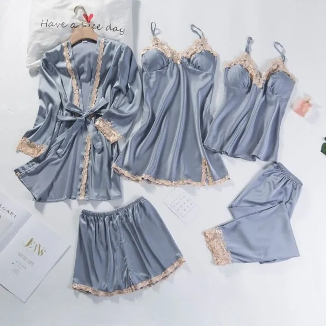 Lace Patchwork 5PCS Sleepwear Nightgown Kimono Bathrobe Gown Satin Lady Nighty&Robe Suit Sexy Home Clothes White Wedding Robe