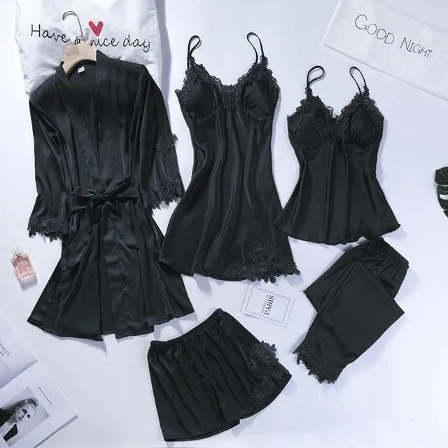 Lace Patchwork 5PCS Sleepwear Nightgown Kimono Bathrobe Gown Satin Lady Nighty&Robe Suit Sexy Home Clothes White Wedding Robe
