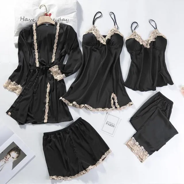 Lace Patchwork 5PCS Sleepwear Nightgown Kimono Bathrobe Gown Satin Lady Nighty&Robe Suit Sexy Home Clothes White Wedding Robe