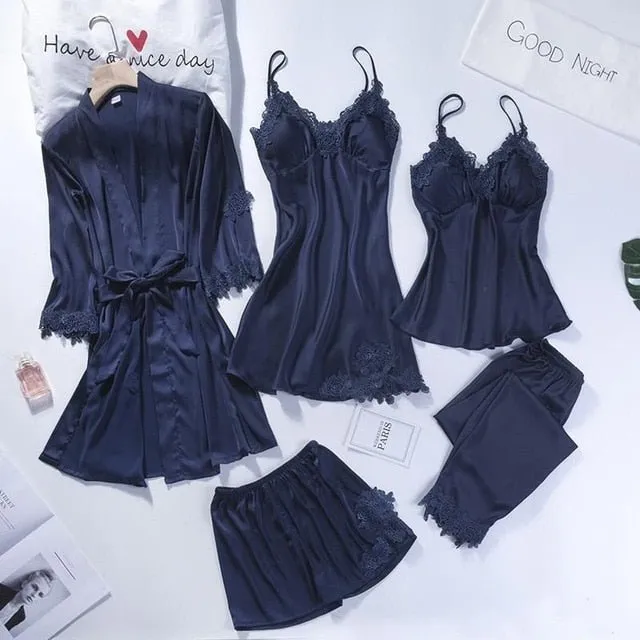 Lace Patchwork 5PCS Sleepwear Nightgown Kimono Bathrobe Gown Satin Lady Nighty&Robe Suit Sexy Home Clothes White Wedding Robe