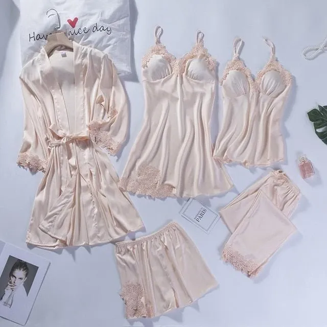 Lace Patchwork 5PCS Sleepwear Nightgown Kimono Bathrobe Gown Satin Lady Nighty&Robe Suit Sexy Home Clothes White Wedding Robe