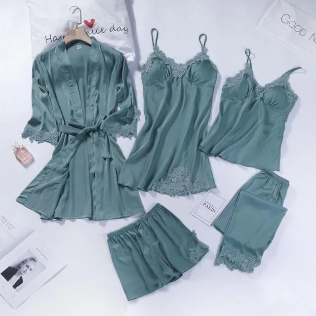 Lace Patchwork 5PCS Sleepwear Nightgown Kimono Bathrobe Gown Satin Lady Nighty&Robe Suit Sexy Home Clothes White Wedding Robe