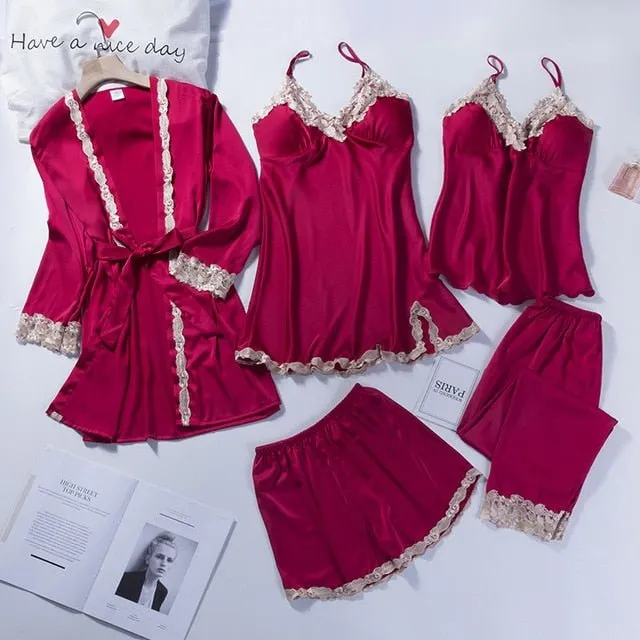 Lace Patchwork 5PCS Sleepwear Nightgown Kimono Bathrobe Gown Satin Lady Nighty&Robe Suit Sexy Home Clothes White Wedding Robe