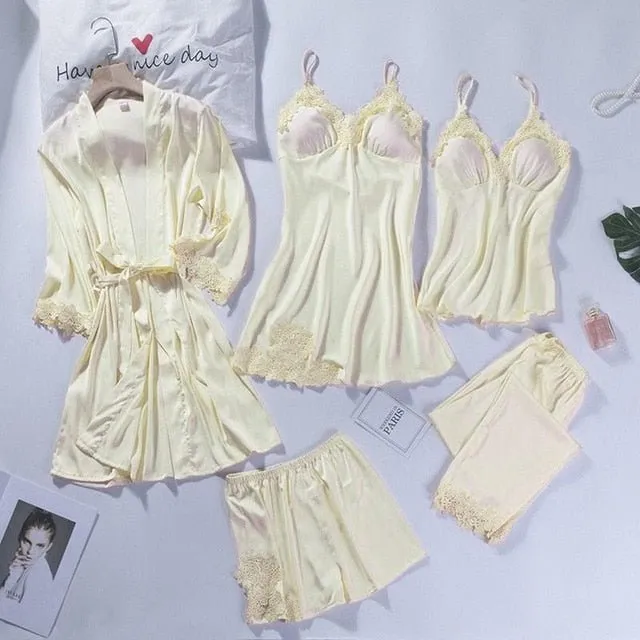 Lace Patchwork 5PCS Sleepwear Nightgown Kimono Bathrobe Gown Satin Lady Nighty&Robe Suit Sexy Home Clothes White Wedding Robe