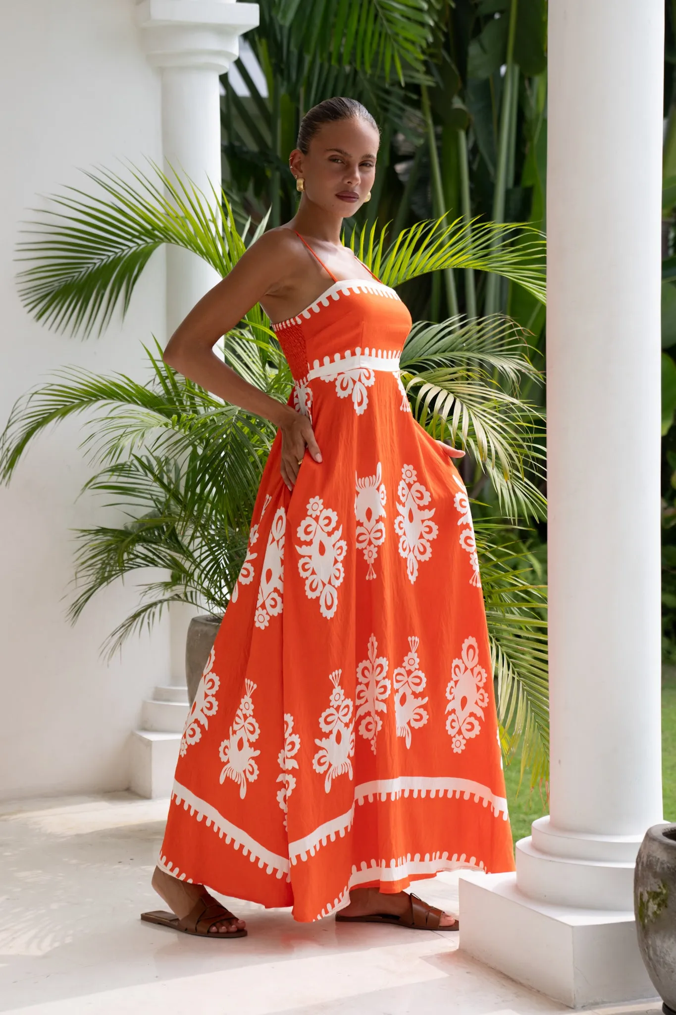 Levana Orange Abstract Flared Maxi Dress