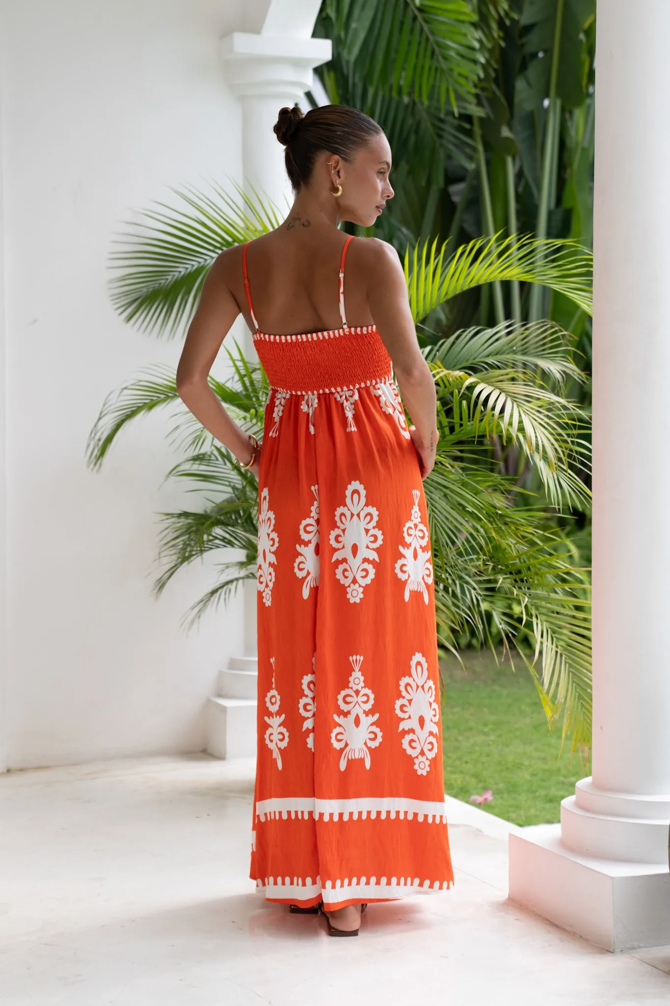 Levana Orange Abstract Flared Maxi Dress