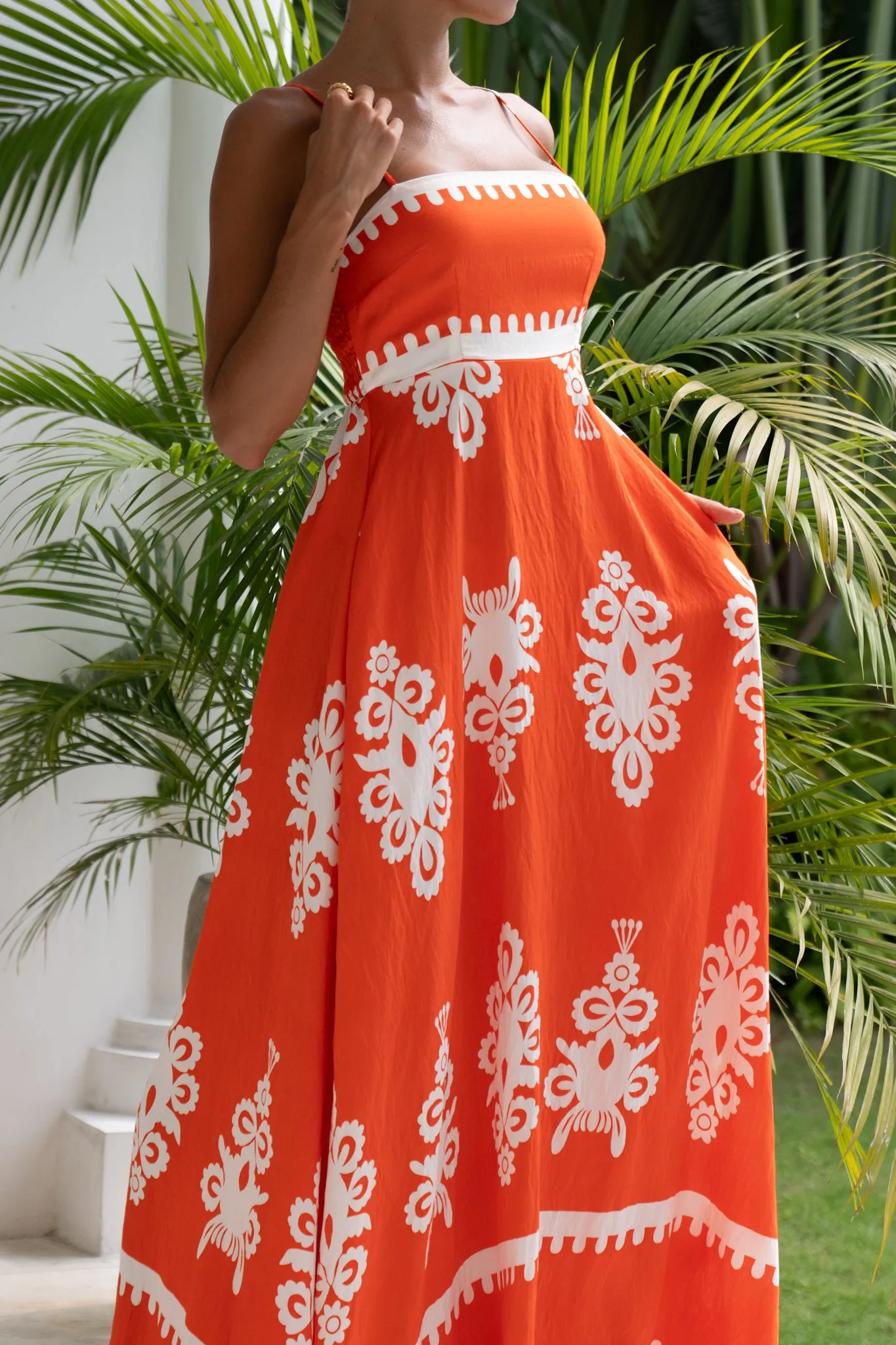 Levana Orange Abstract Flared Maxi Dress