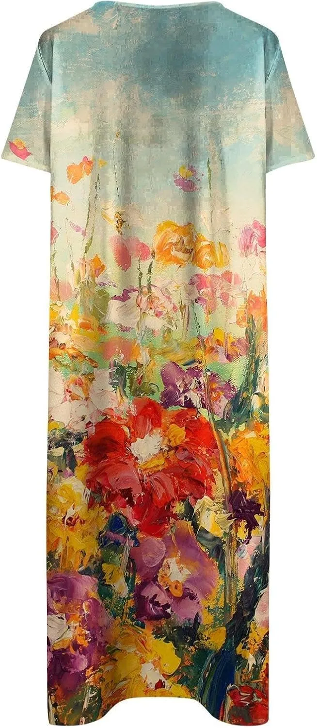 LOAIHA Women's Boho Colorful Crewneck Floral Print Maxi Dresses Casual Short Sleeve Summer Beach Dress with Pockets 2024