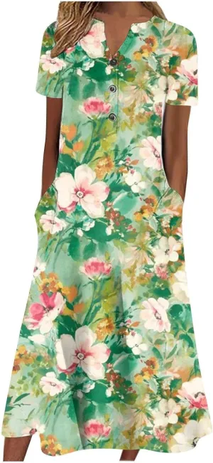 LOAIHA Women's Boho Colorful Crewneck Floral Print Maxi Dresses Casual Short Sleeve Summer Beach Dress with Pockets 2024
