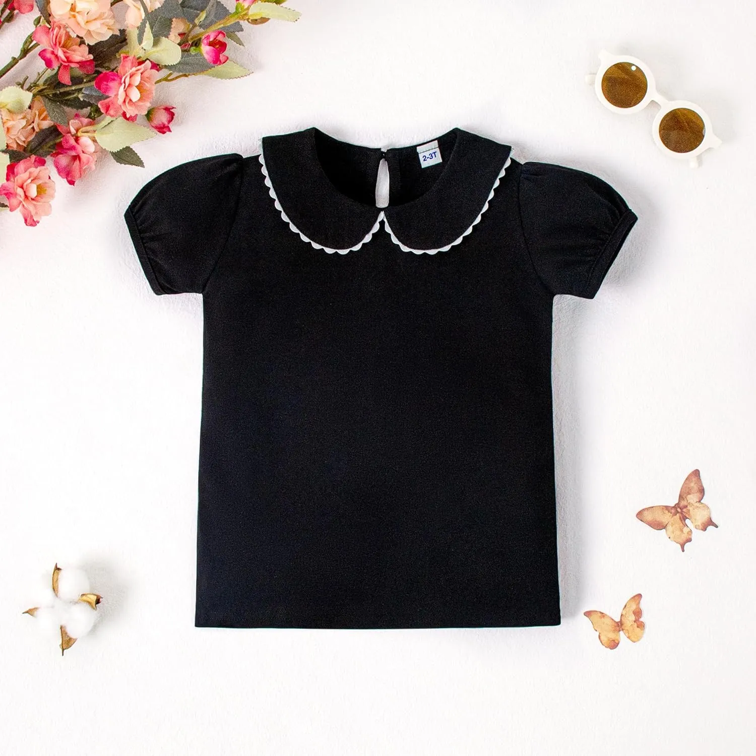 LYSMuch 2-5T Toddler Girls Peter Pan Collar Shirt Puff Short Sleeve Basic Top Blouse Solid Color Tee