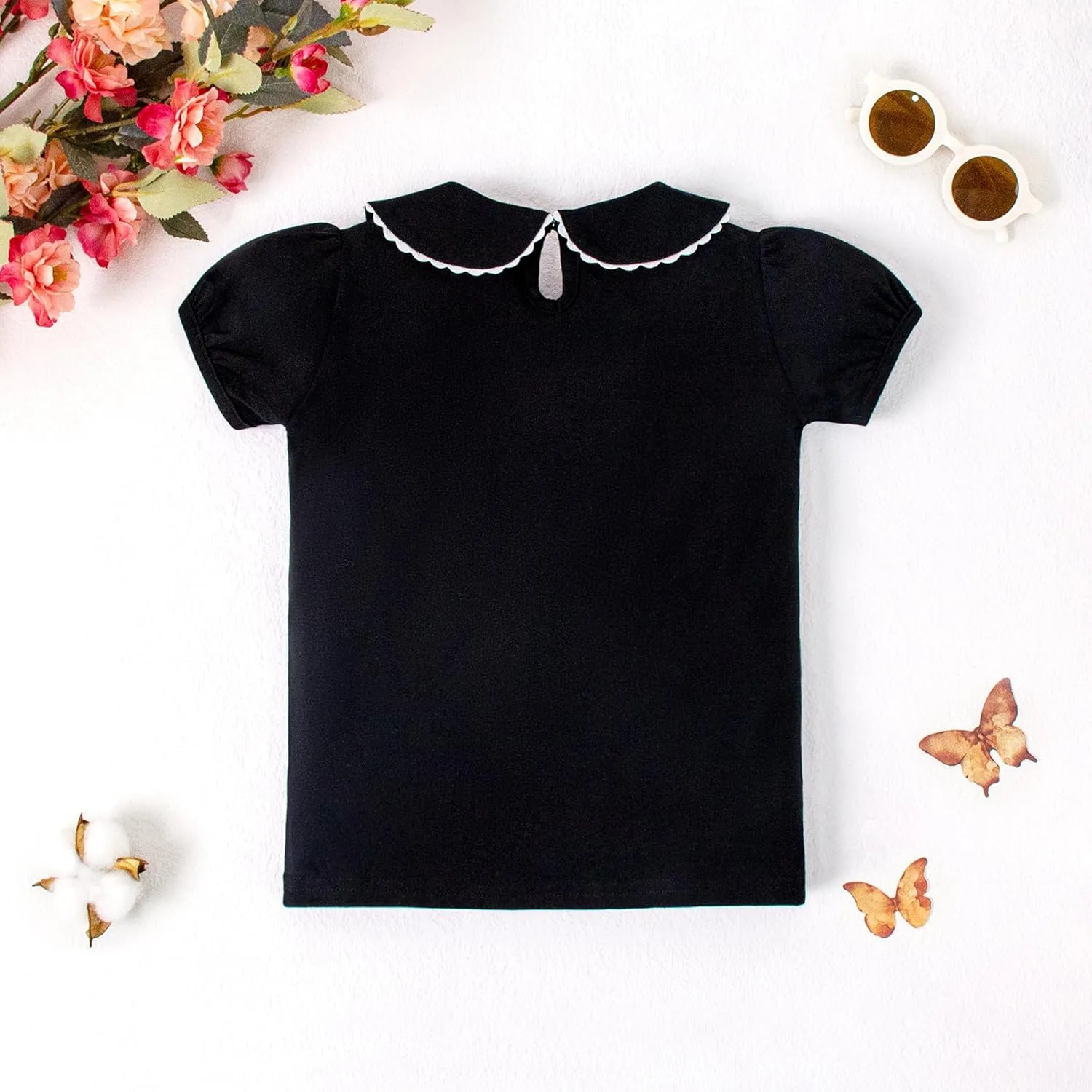 LYSMuch 2-5T Toddler Girls Peter Pan Collar Shirt Puff Short Sleeve Basic Top Blouse Solid Color Tee