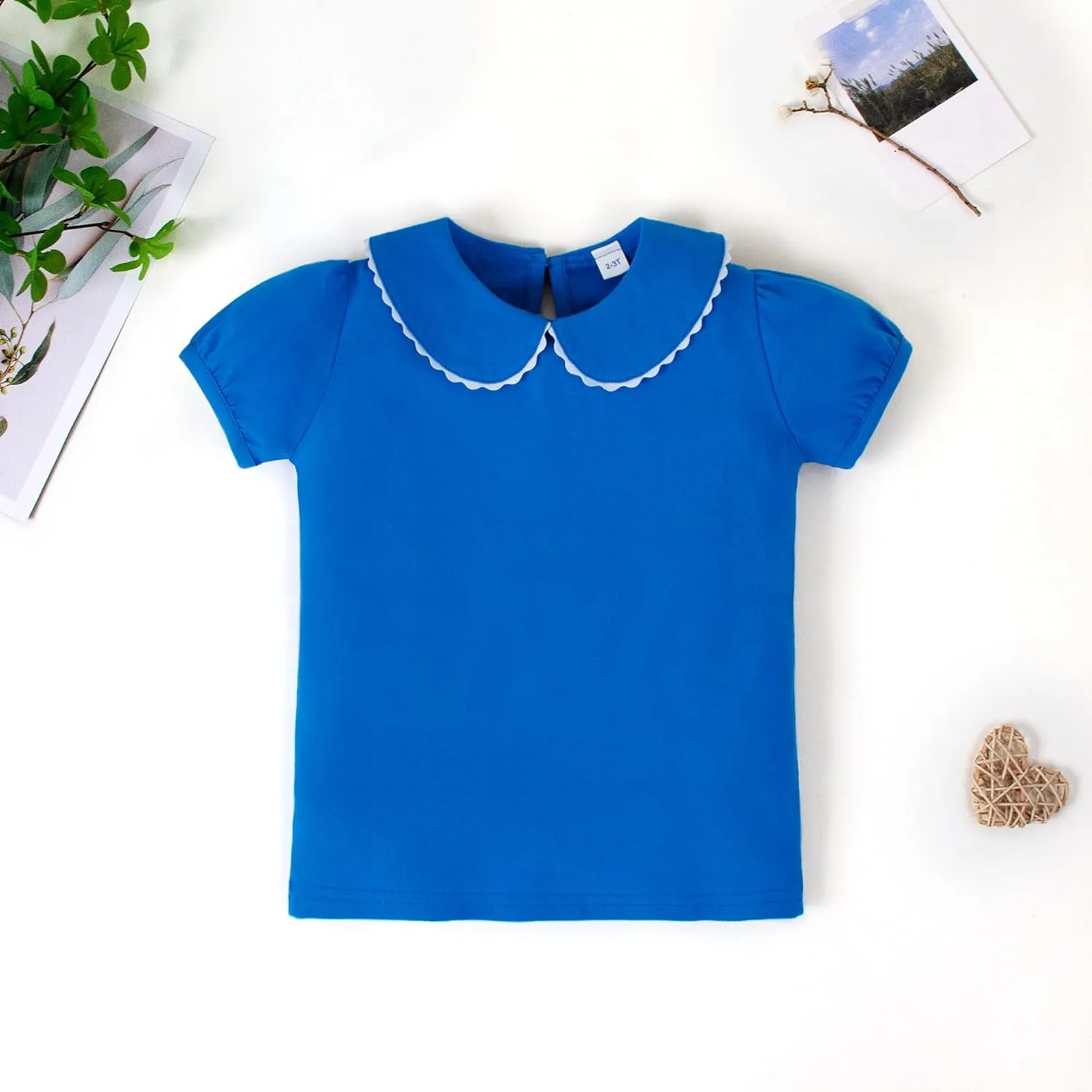 LYSMuch 2-5T Toddler Girls Peter Pan Collar Shirt Puff Short Sleeve Basic Top Blouse Solid Color Tee