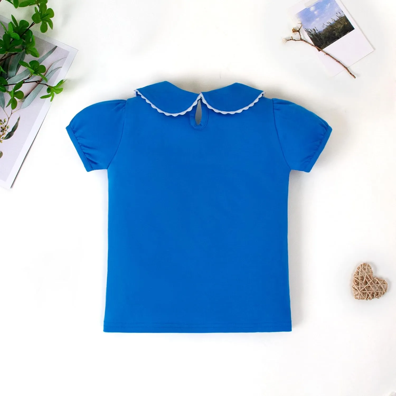 LYSMuch 2-5T Toddler Girls Peter Pan Collar Shirt Puff Short Sleeve Basic Top Blouse Solid Color Tee