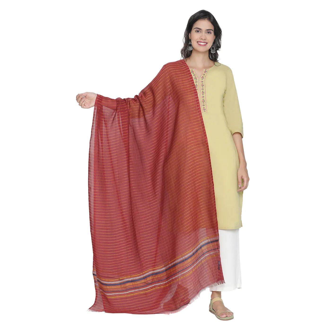 Maroon with Yellow Striped Dupatta