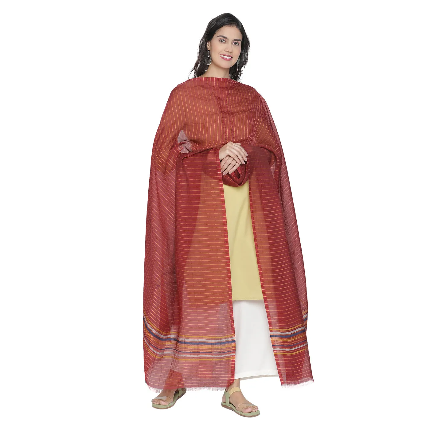 Maroon with Yellow Striped Dupatta