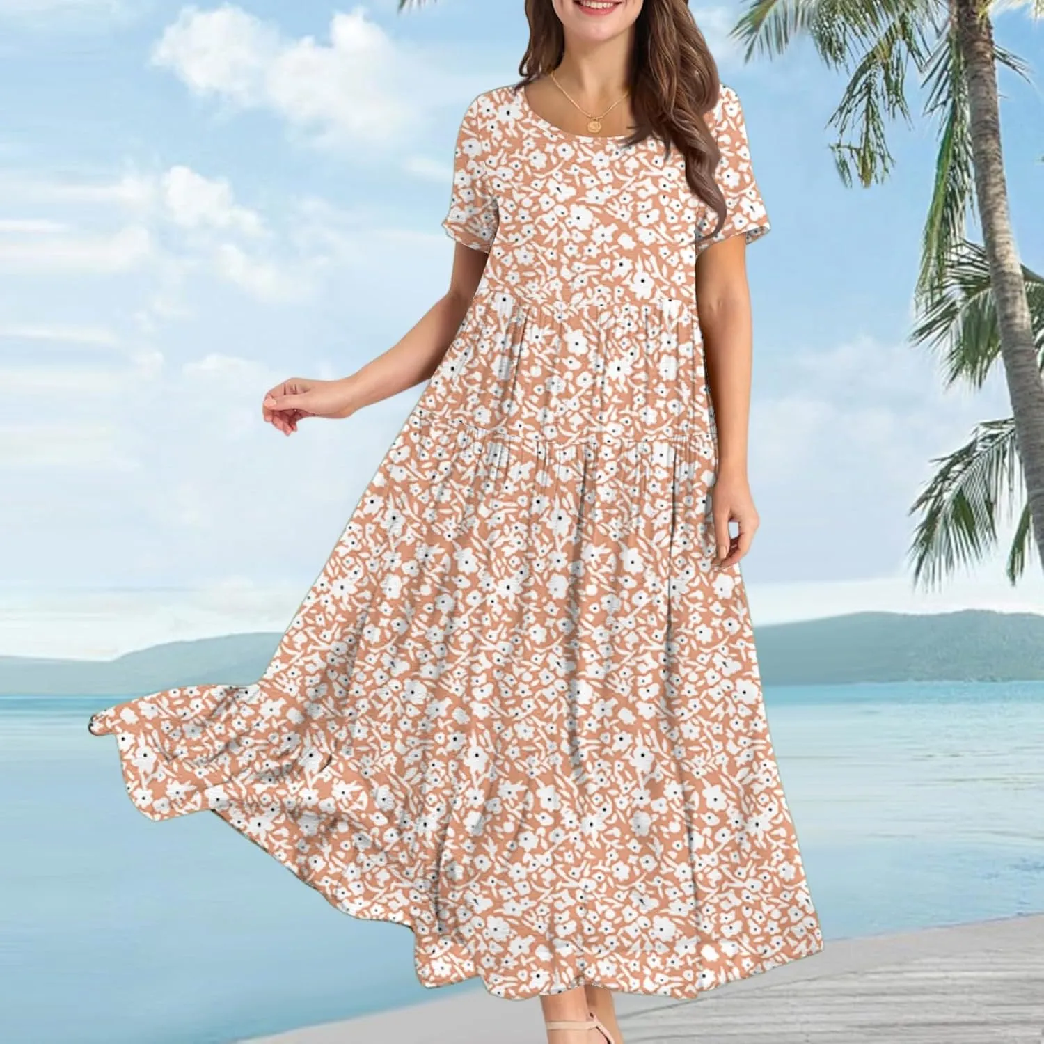 Maxi Dresses for Women Summer Boho Casual Loose Floral Dress Trendy Swing Flowy Cute Tiered Short Sleeve Long Dresses