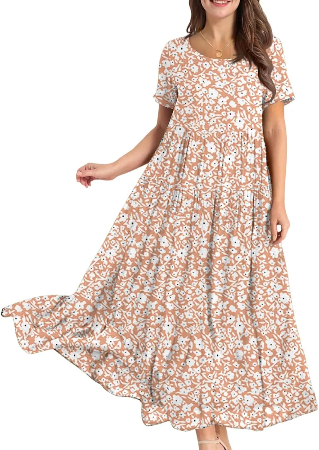 Maxi Dresses for Women Summer Boho Casual Loose Floral Dress Trendy Swing Flowy Cute Tiered Short Sleeve Long Dresses