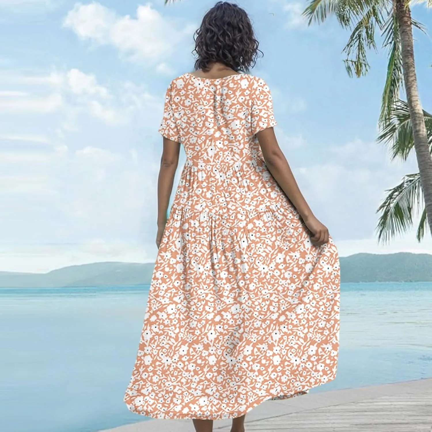 Maxi Dresses for Women Summer Boho Casual Loose Floral Dress Trendy Swing Flowy Cute Tiered Short Sleeve Long Dresses