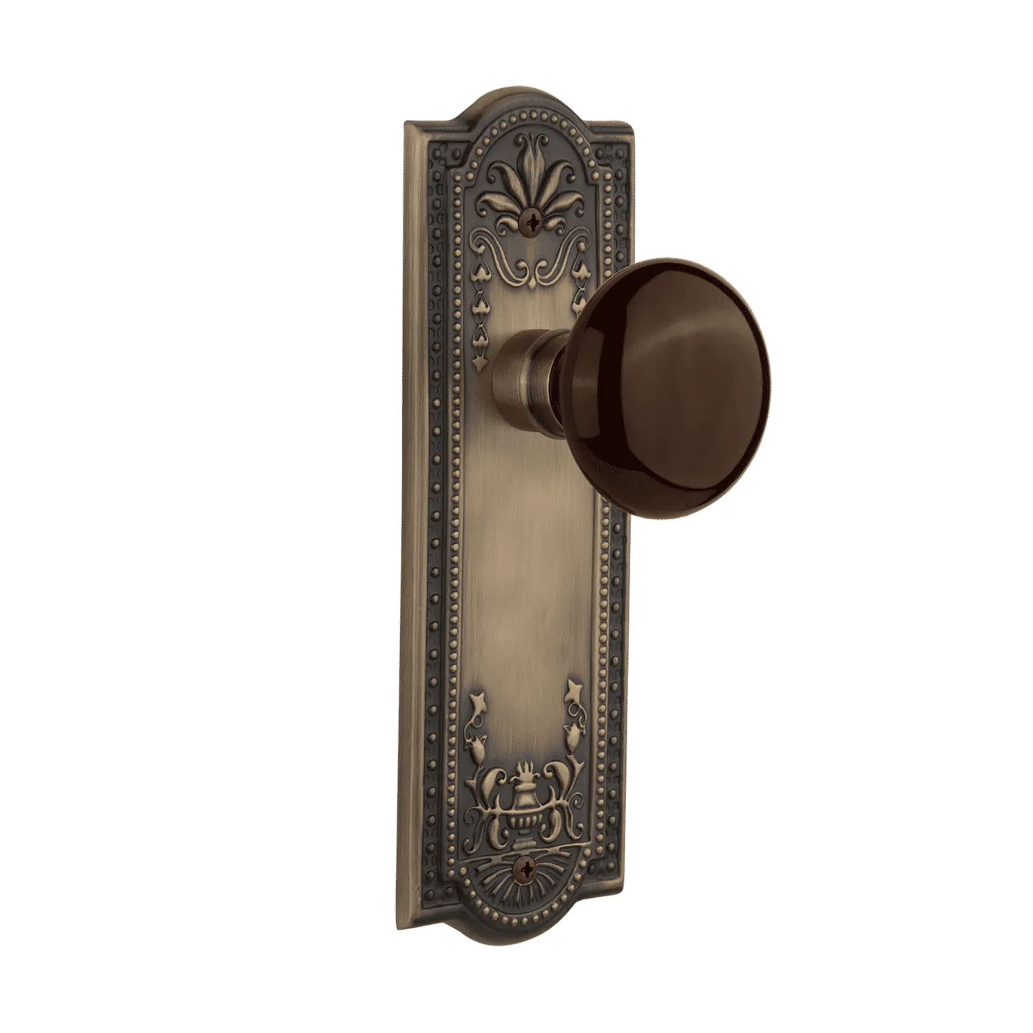 Meadows Long Plate with Brown Porcelain Knob in Antique Brass