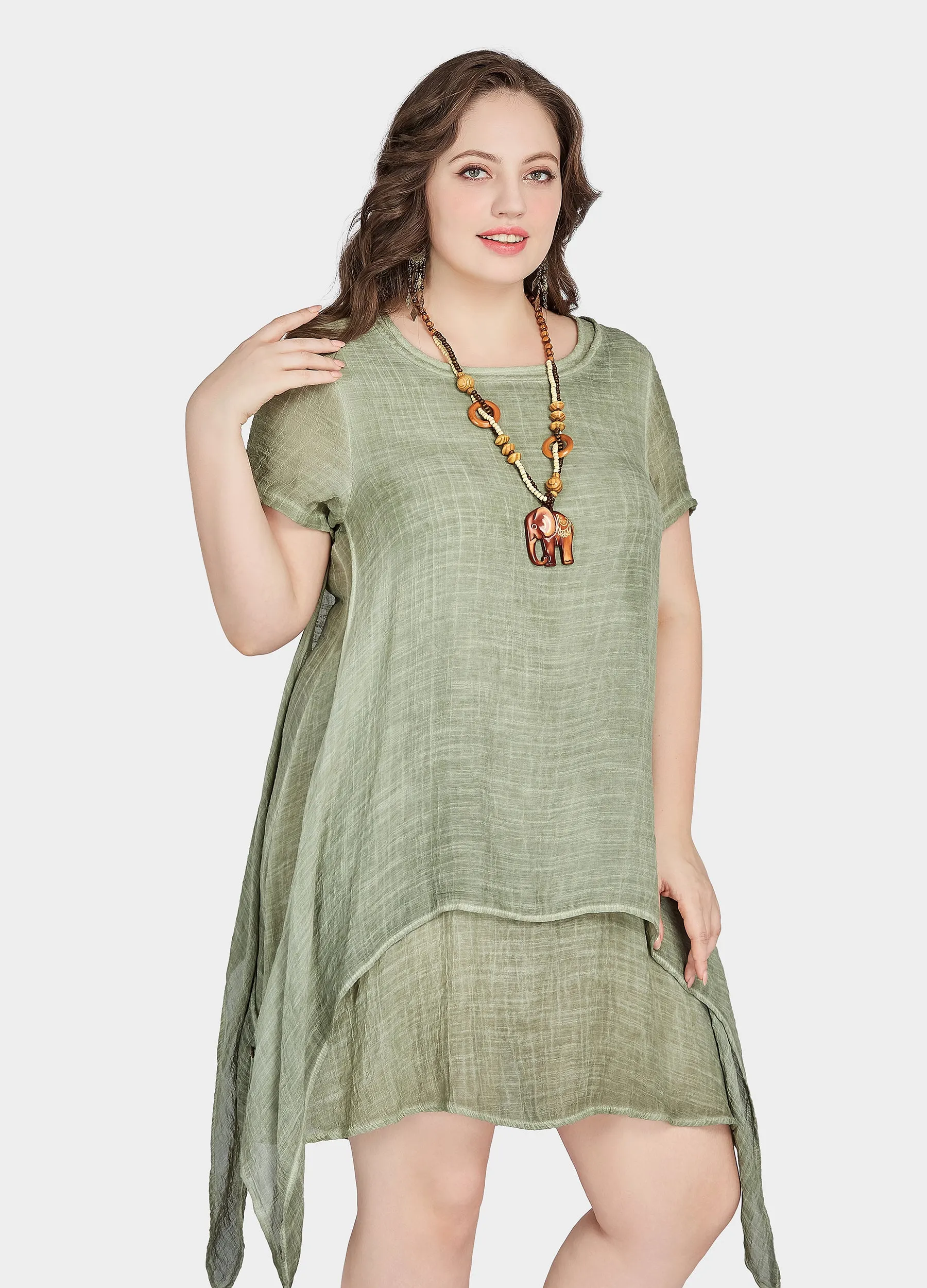 MECALA Women's Plus Size Dress with Wooden Elephant Necklace(Clearance)