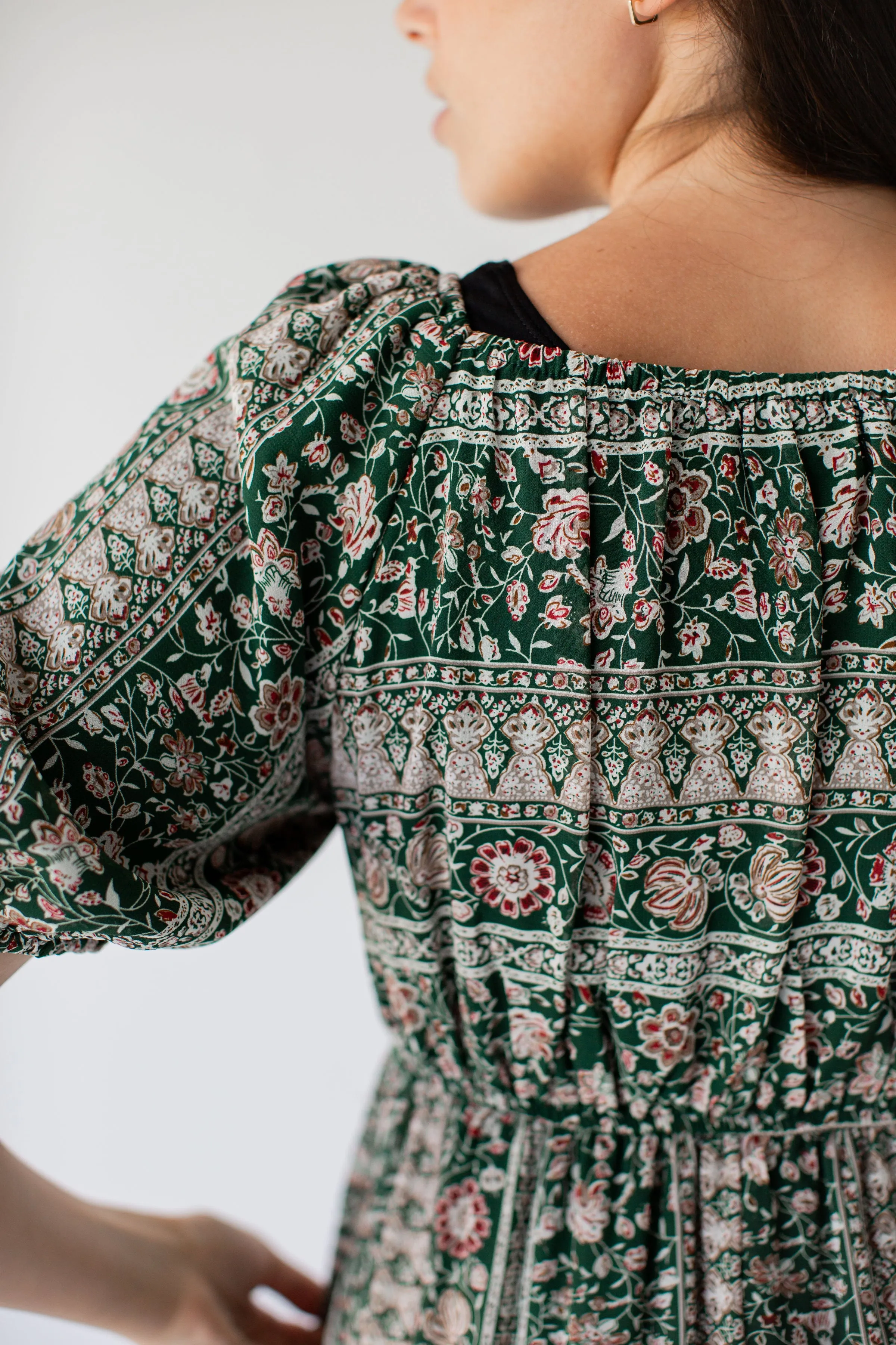 'Medora' Oriental Garden Maxi Dress in Deep Green