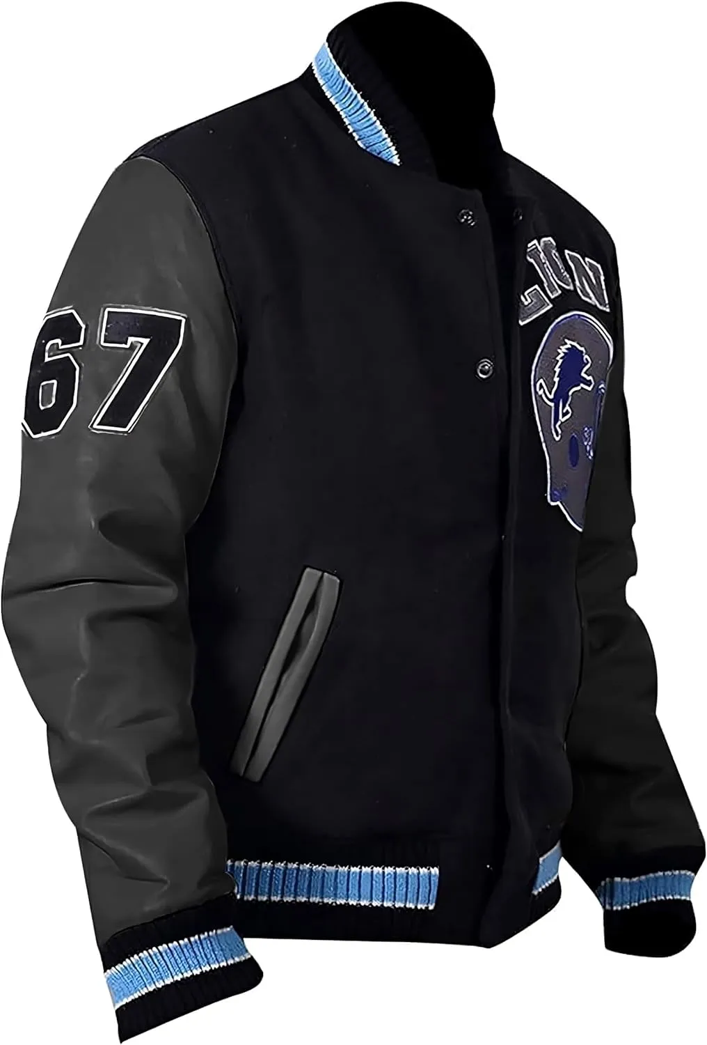 Men's Baseball Hills Cop Varsity Letterman Bomber Jacket, Wool Blend with Leather Sleeves, Lion Patch