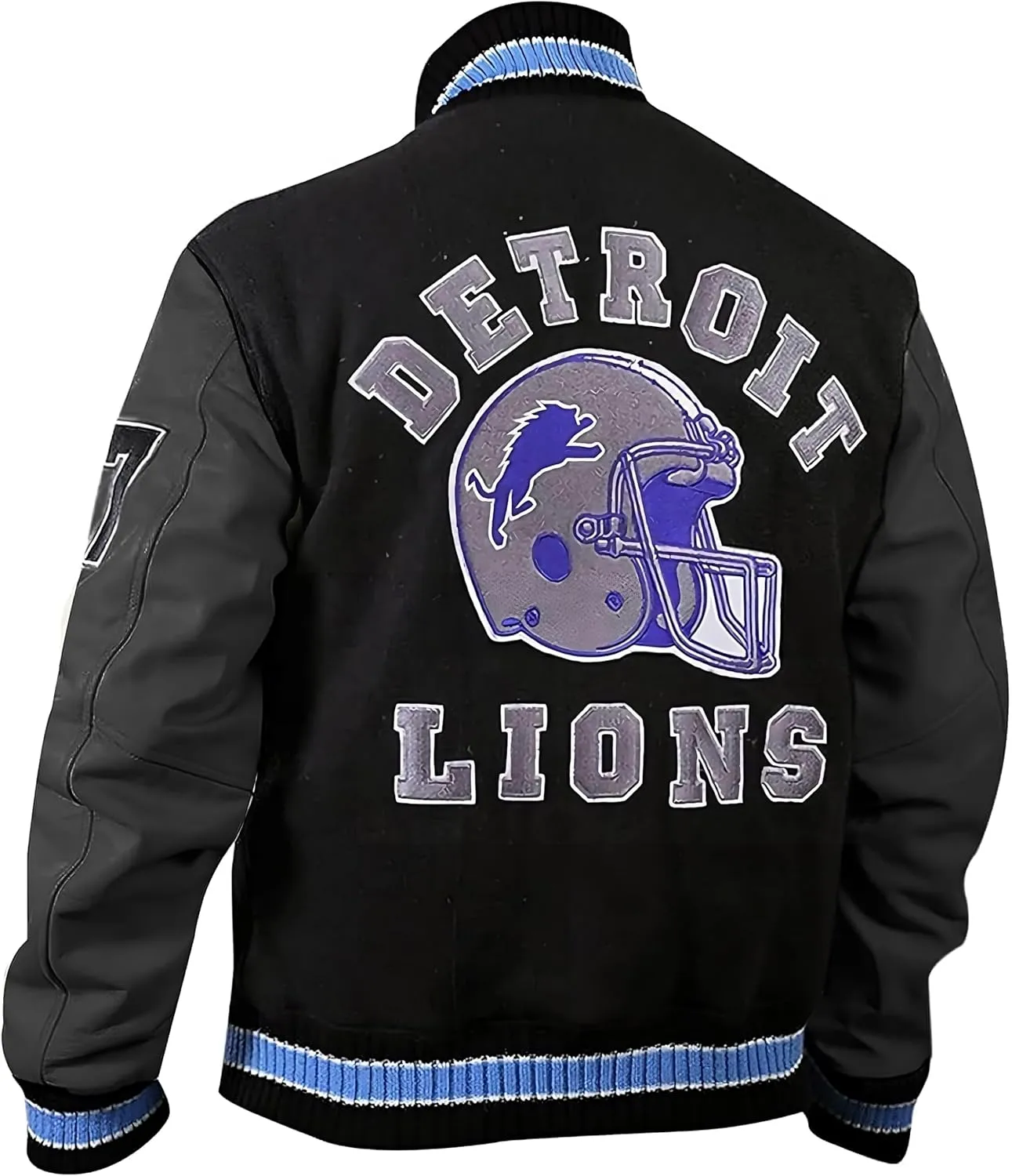 Men's Baseball Hills Cop Varsity Letterman Bomber Jacket, Wool Blend with Leather Sleeves, Lion Patch
