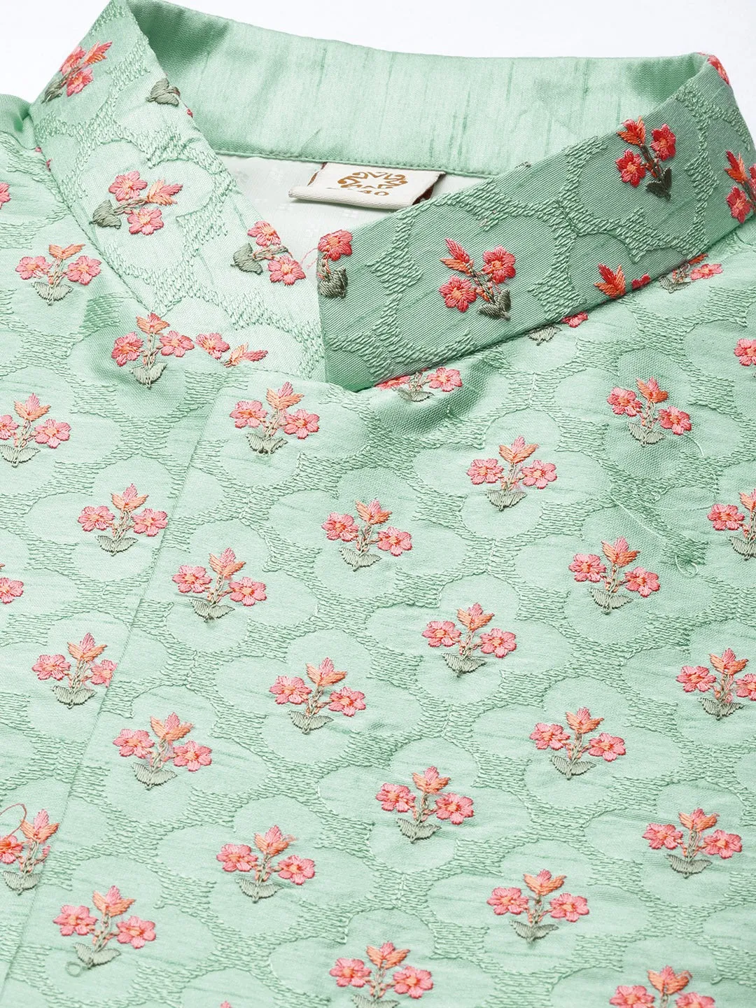 Men's Mint Green And Pink Poly Viscose Jacket, Kurta And Pyjama Set - Shrestha By Vastramay