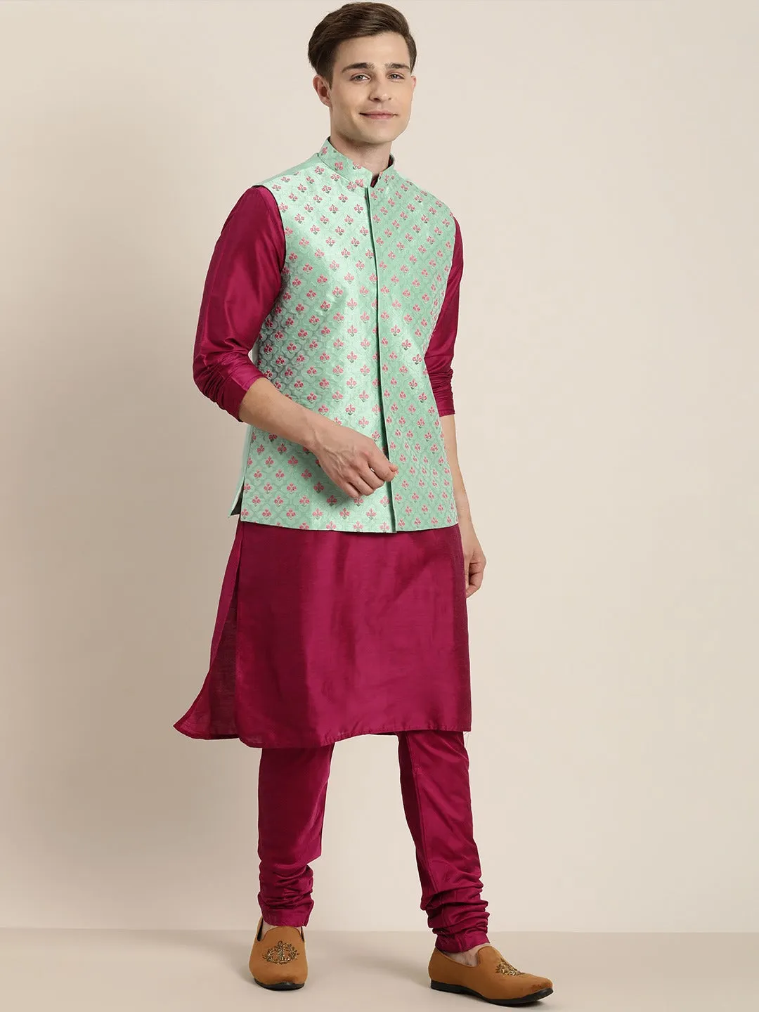 Men's Mint Green And Pink Poly Viscose Jacket, Kurta And Pyjama Set - Shrestha By Vastramay