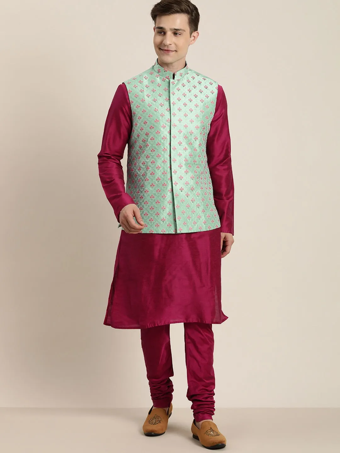 Men's Mint Green And Pink Poly Viscose Jacket, Kurta And Pyjama Set - Shrestha By Vastramay