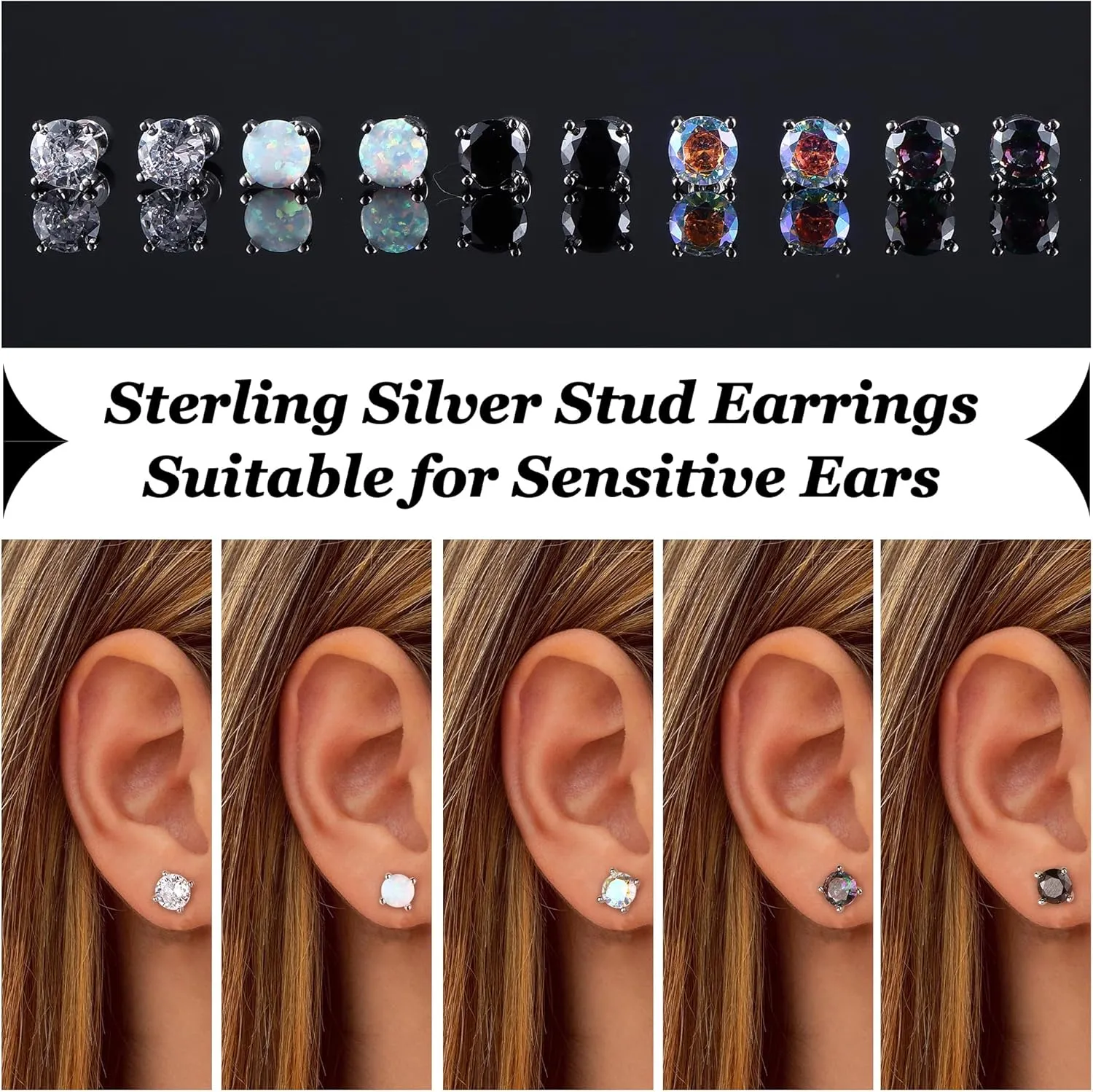 MILACOLATO 5 Pairs 925 Sterling Silver Stud Earrings for Women 20G Flat Back Earrings Helix Cartilage Earrings Cubic Zirconia Opal Earrings Comfort Back Sleep Post Earrings Hypoallergenic