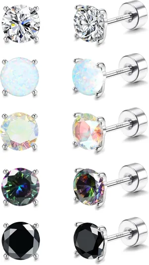 MILACOLATO 5 Pairs 925 Sterling Silver Stud Earrings for Women 20G Flat Back Earrings Helix Cartilage Earrings Cubic Zirconia Opal Earrings Comfort Back Sleep Post Earrings Hypoallergenic