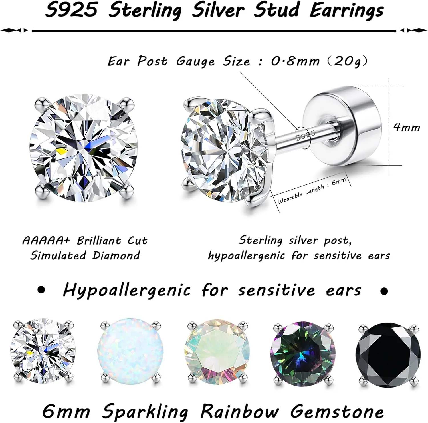 MILACOLATO 5 Pairs 925 Sterling Silver Stud Earrings for Women 20G Flat Back Earrings Helix Cartilage Earrings Cubic Zirconia Opal Earrings Comfort Back Sleep Post Earrings Hypoallergenic