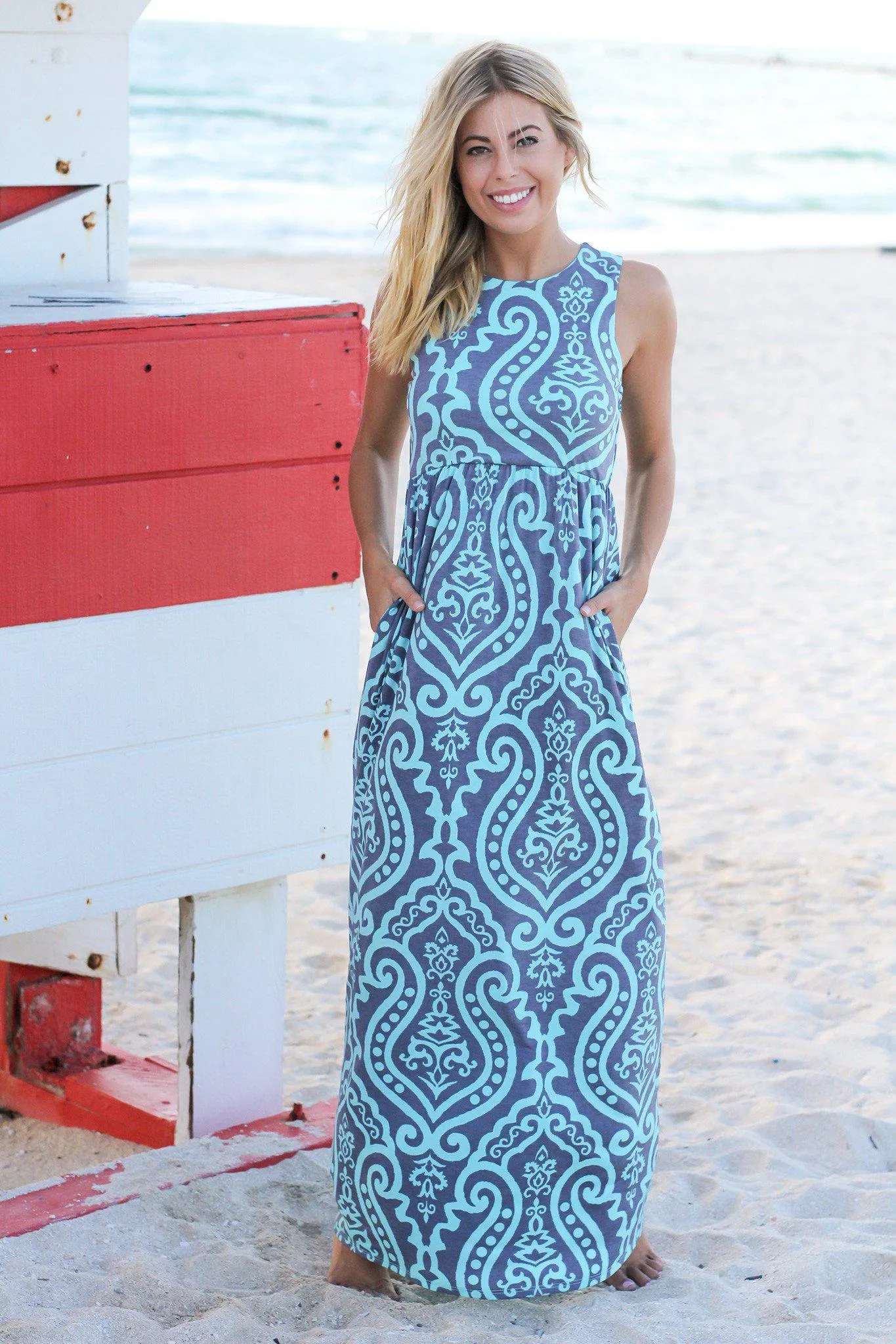 Mint and Gray Sleeveless Printed Maxi Dress