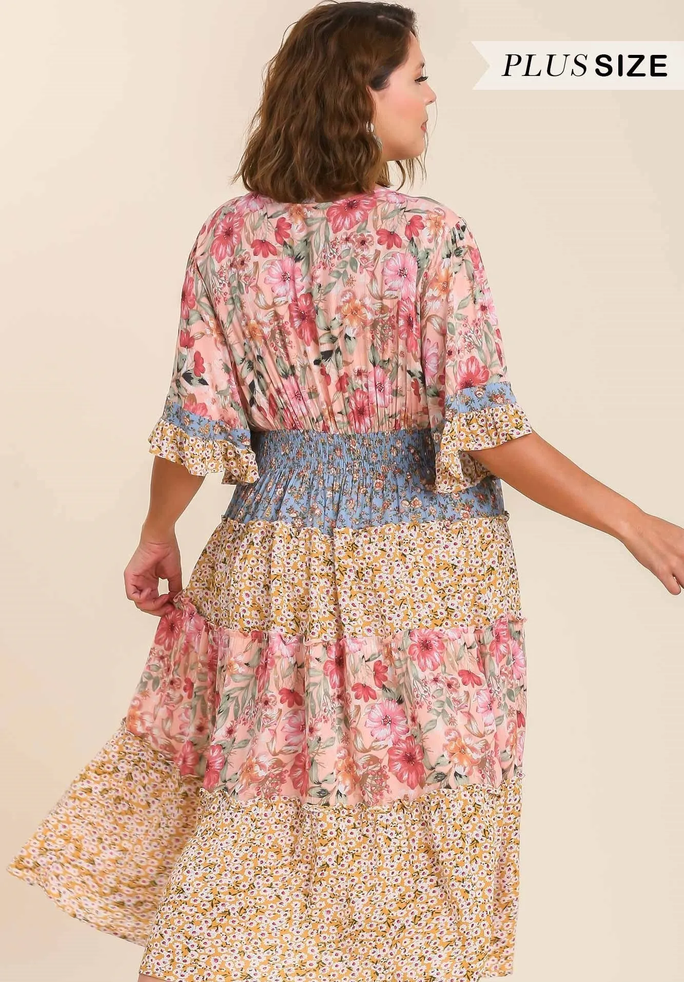 Mixed Floral Print Bohemian Midi Dress, Coral