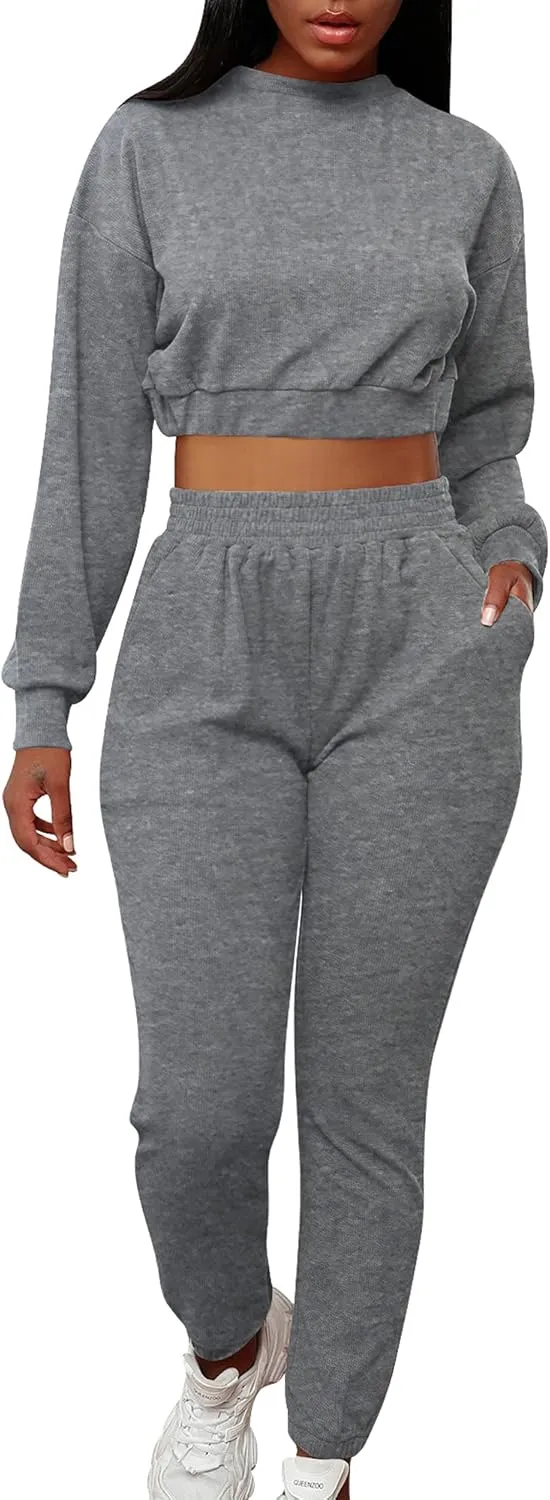 Mizoci Women's 2 Piece Outfits Lounge Jogger sets Long Sleeve Crop Top Pant Sweat Suit Tracksuit