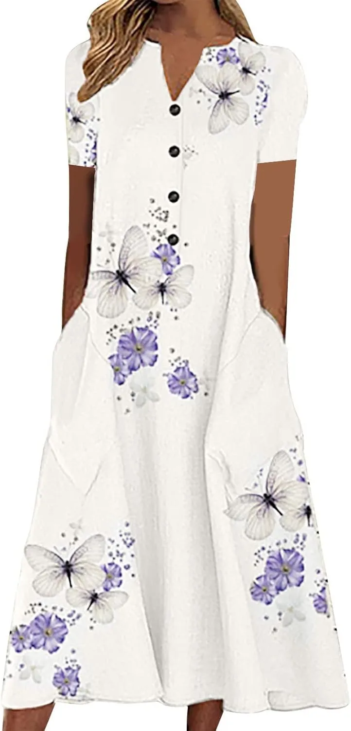 NaRHbrg Women's Floral Print Summer Dress Short Sleeve Button Front A-Line Casual Midi Dresses with Pockets Sundress