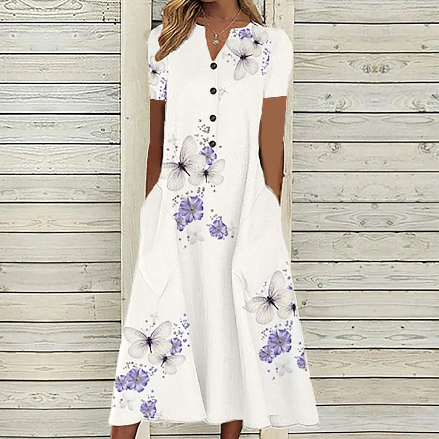 NaRHbrg Women's Floral Print Summer Dress Short Sleeve Button Front A-Line Casual Midi Dresses with Pockets Sundress
