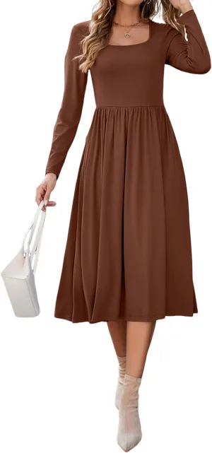 Newshows Women's Summer Square Neck Ribbed Knit Short/Long Sleeve A Line Flowy Midi Dress with Pockets