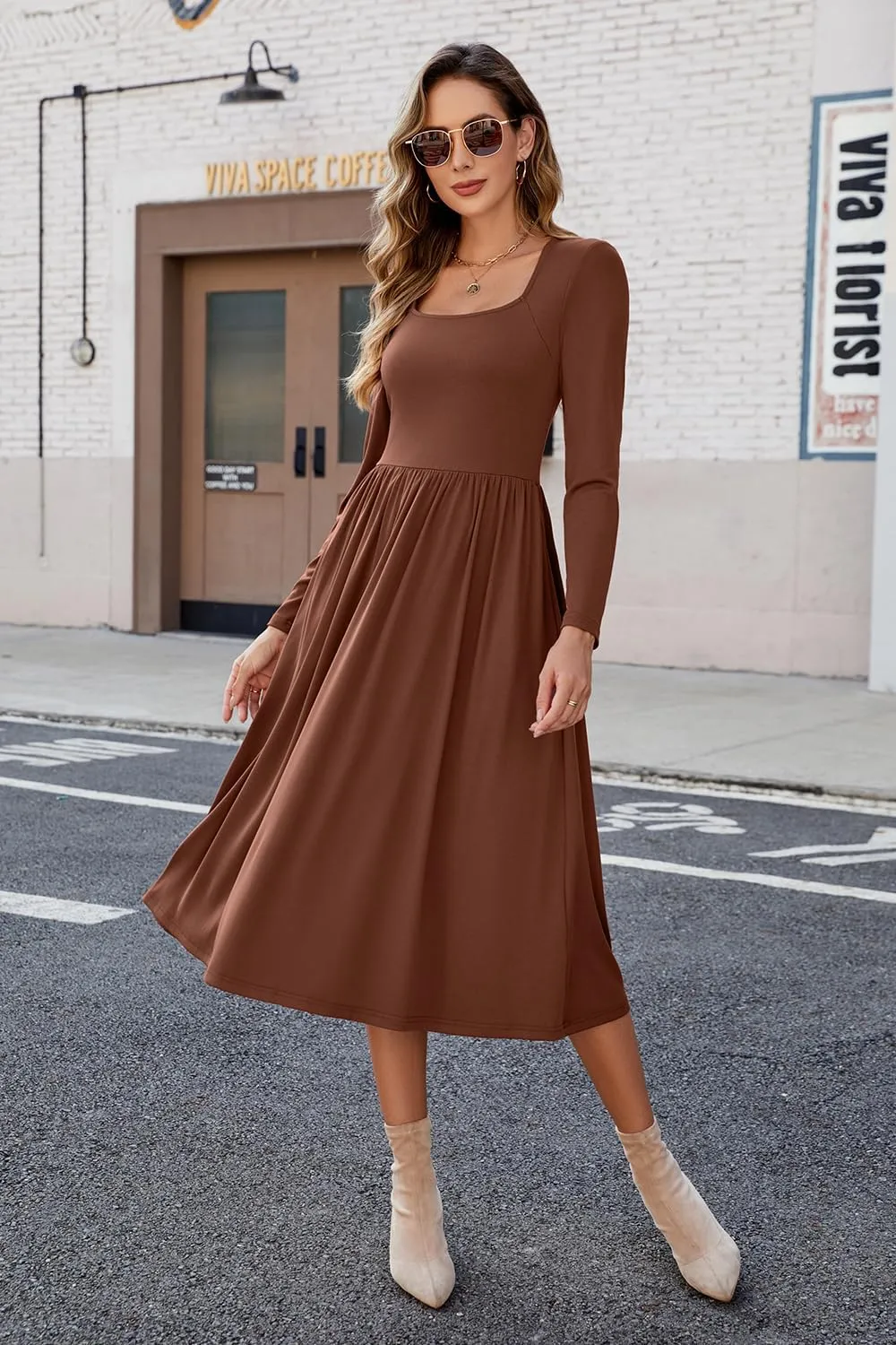 Newshows Women's Summer Square Neck Ribbed Knit Short/Long Sleeve A Line Flowy Midi Dress with Pockets